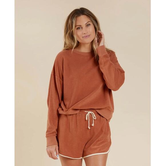 Rylee + Cru SET Terry Cloth 2 Piece Sweatshirt Shorts Terracotta Embroidered S - Picture 1 of 10